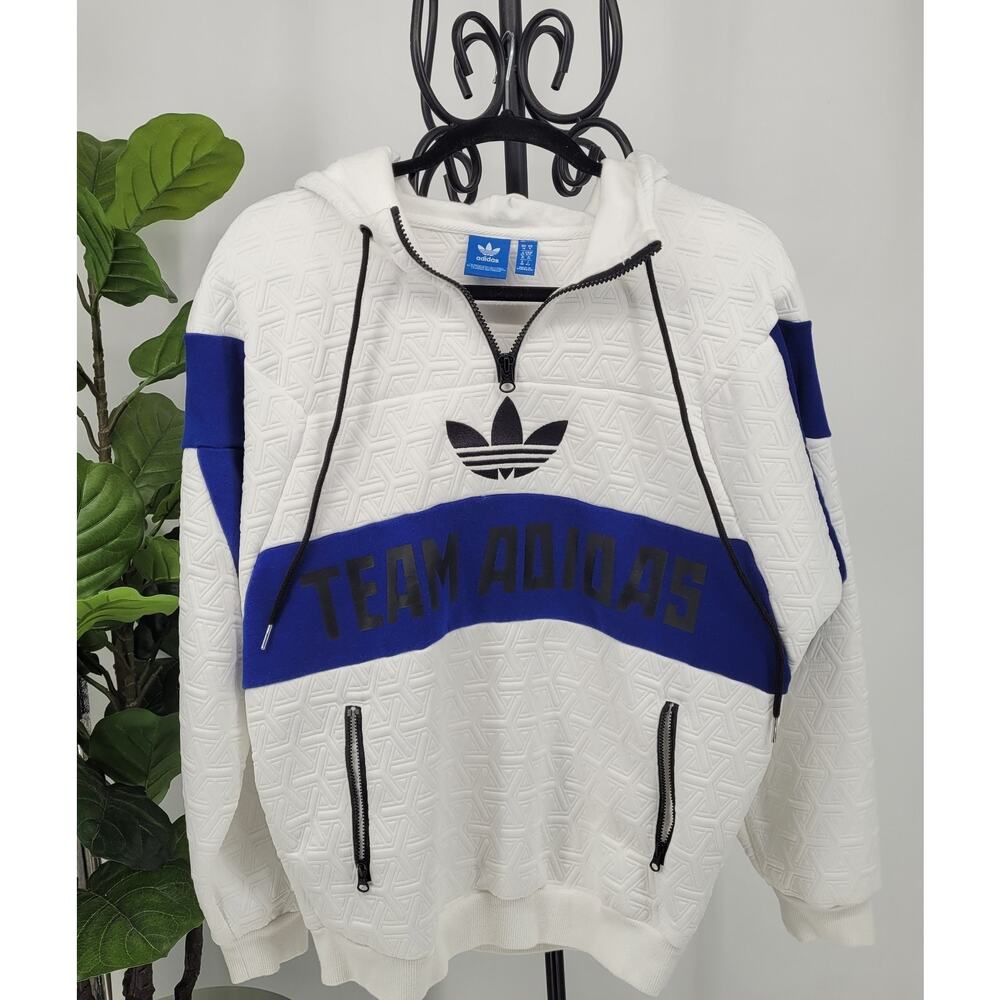 adidas White and Blue Team adidas Half-Zip Hoodie